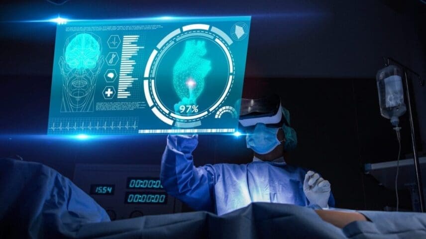 Doctor with virtual reality in operation room in hospital.Surgeon analyzing patient heart testing result and anatomy on technological digital futuristic virtual interface,VR concept.