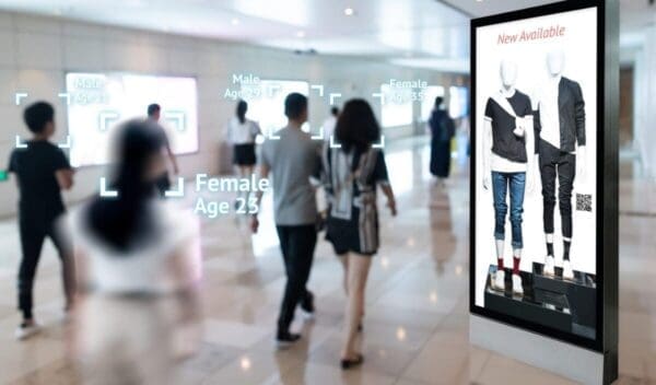 Intelligent Digital Signage , Augmented reality marketing and face recognition concept. Interactive artificial intelligence digital advertisement in retail shopping Mall.