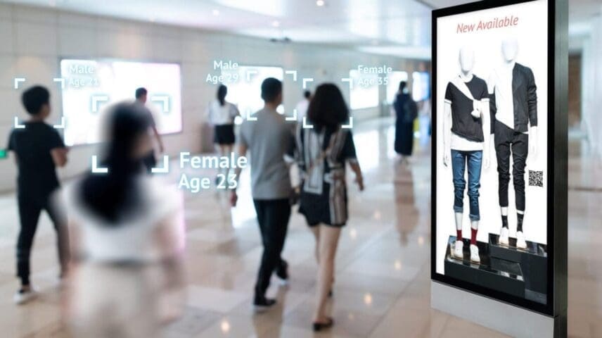 Intelligent Digital Signage , Augmented reality marketing and face recognition concept. Interactive artificial intelligence digital advertisement in retail shopping Mall.