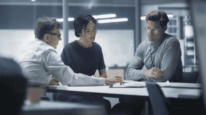 Colleagues work together at a desk