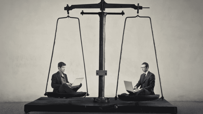 Two business men sit on each side of a scale to depict the idea of Building vs. Buying Enterprise Software and the importance of this Decision