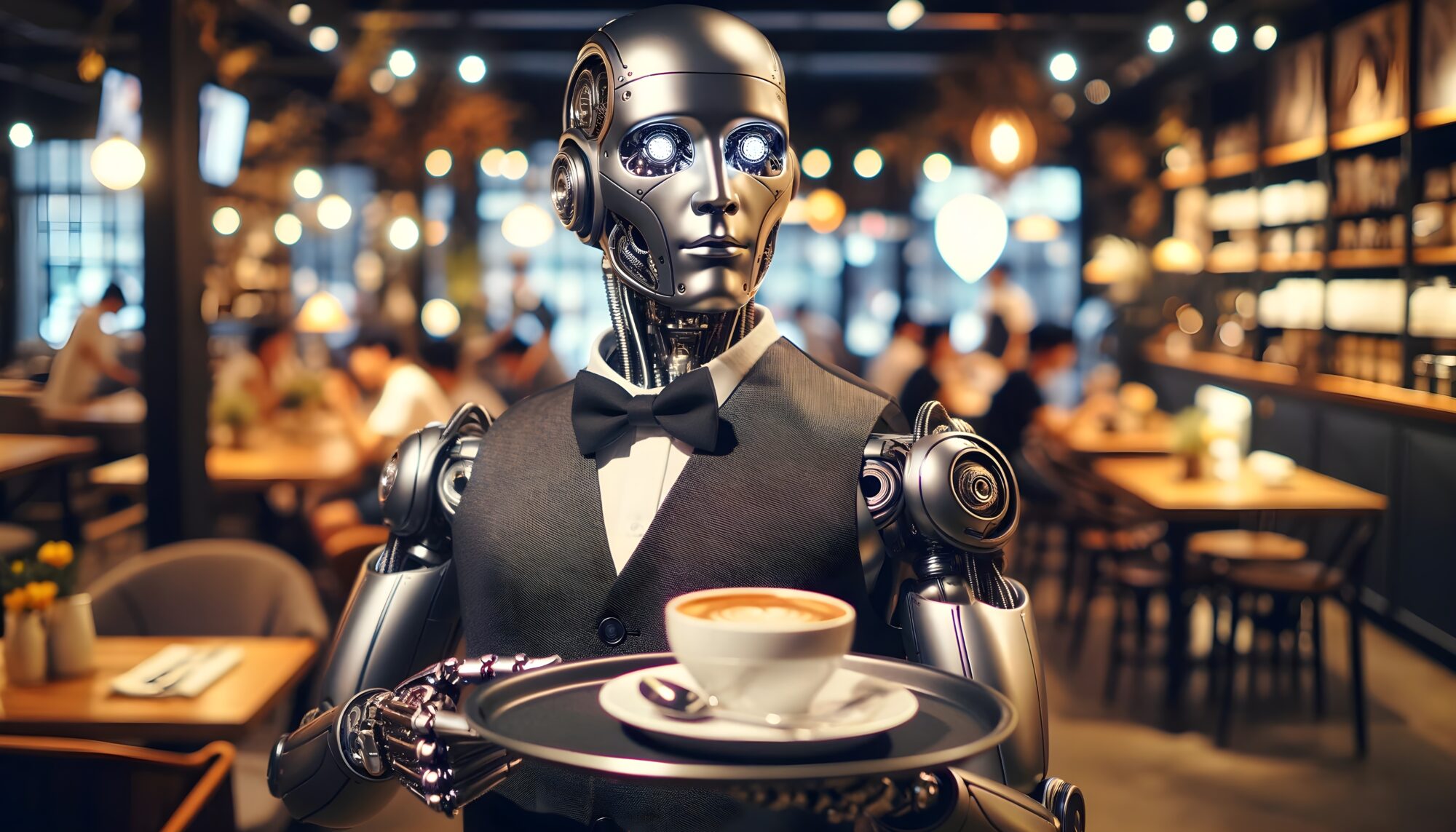 A robot waiter serving coffee at a café. to communicate restaurant technology trends.