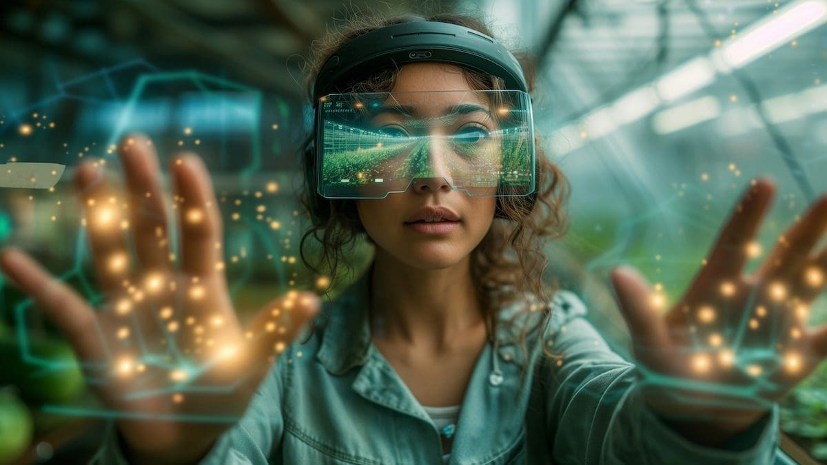 Digital Transformation Trends 2024 Image of woman using VR and AI to work in a GReenhouse to communicate the idea of Human AI collaboration