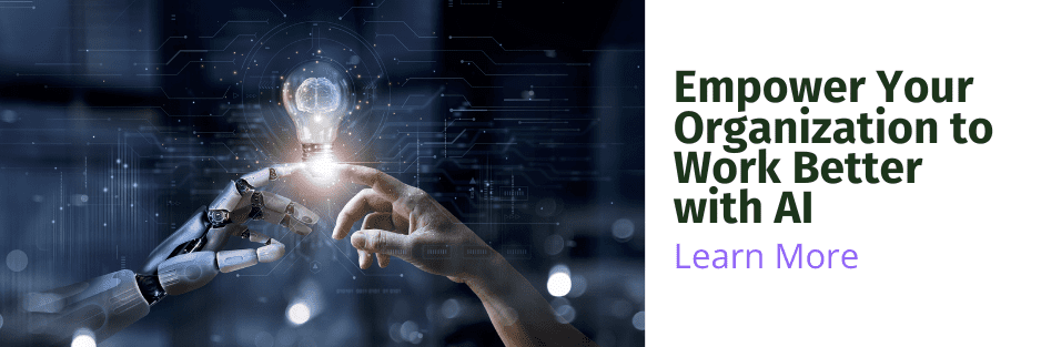 Human and AI touching hands to communicate the idea of how to Empower Your Organization to Work Better with AI
